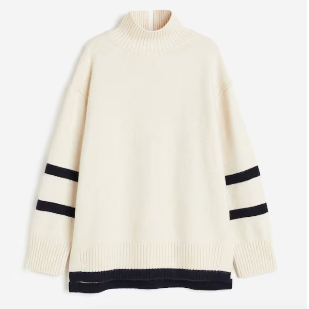 H&M Wool Blend Sweater High Neck Oversized Cream Navy Blue Stripe Ribbed Small